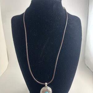 Silver Pendant Necklace with Brown Cord